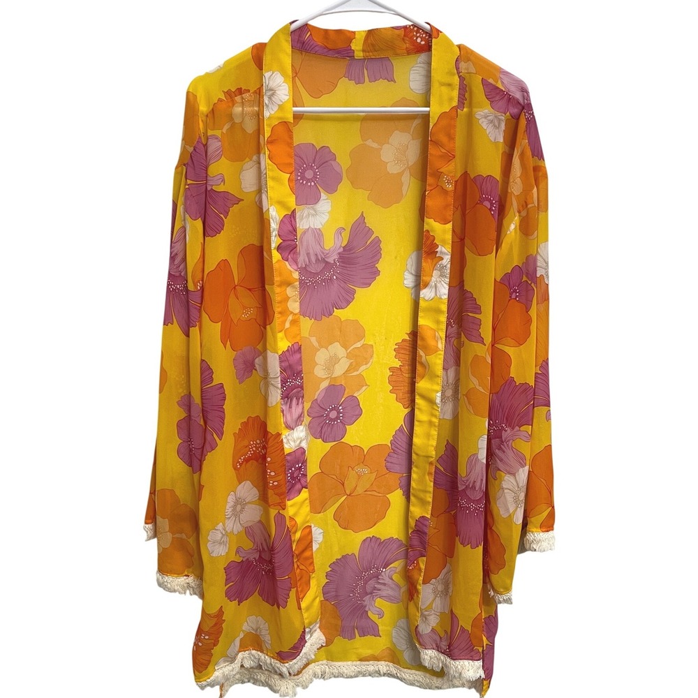 Agua Bendita Juana Yellow Pink Floral Fringe Kimono Coverup OS Blooms Resort